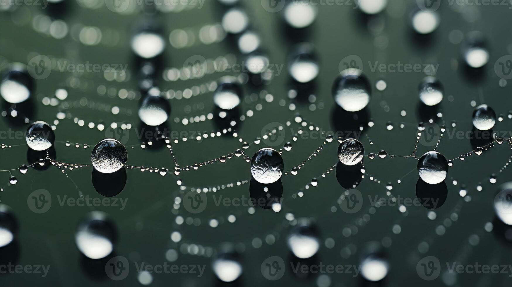 Background spider web in morning dew drops on green grass. Neural network photo