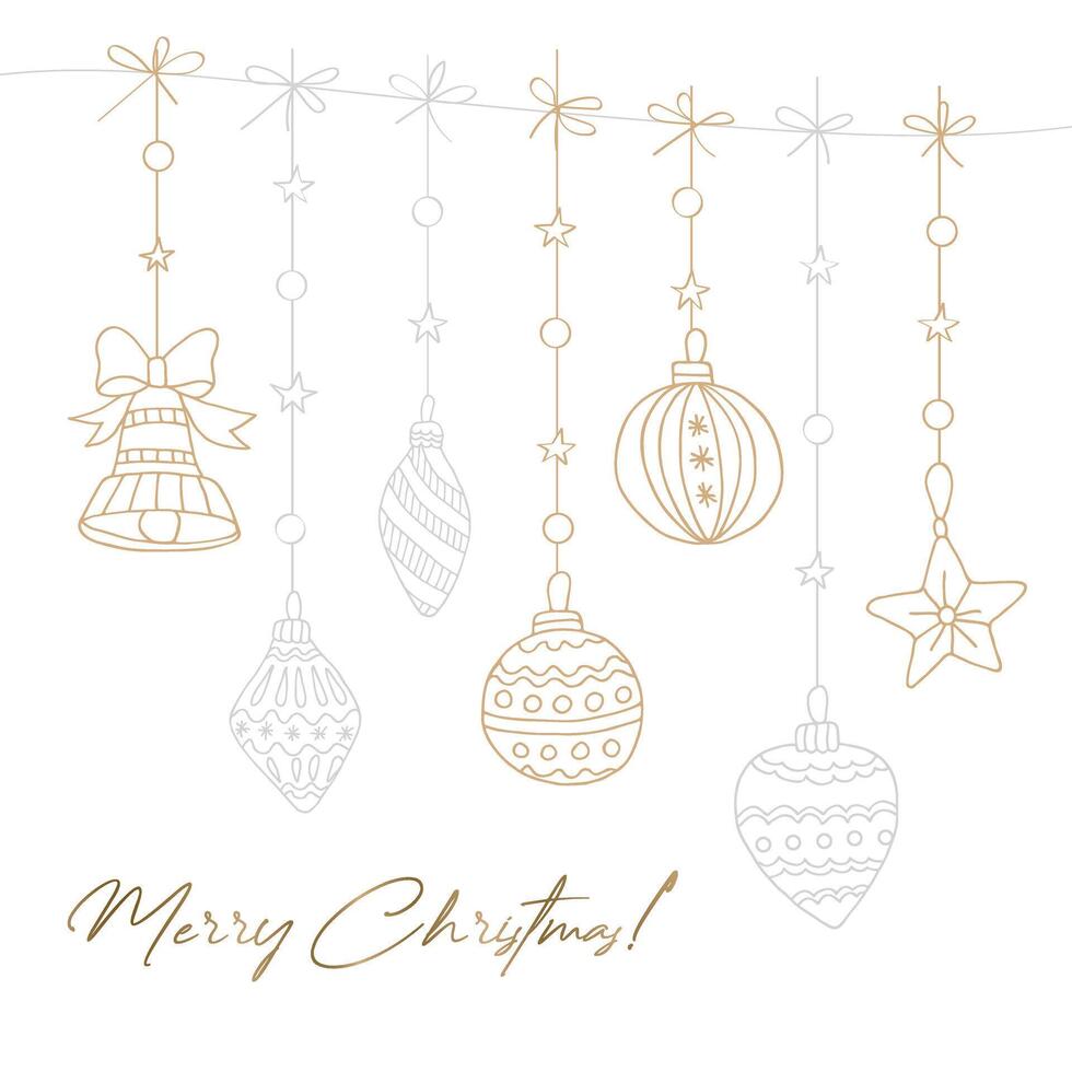 Set of gold and silver Christmas tree balls on a rope. Winter illustration in a hand-drawn style. Can be used to create cards, invitations, backgrounds, patterns, coloring pages. vector
