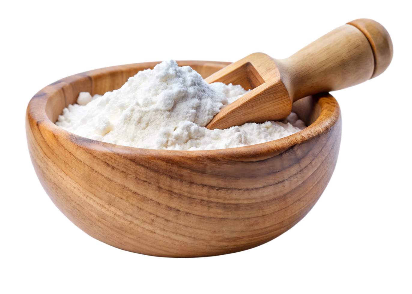 A wooden bowl filled with white flour and a wooden spoon png