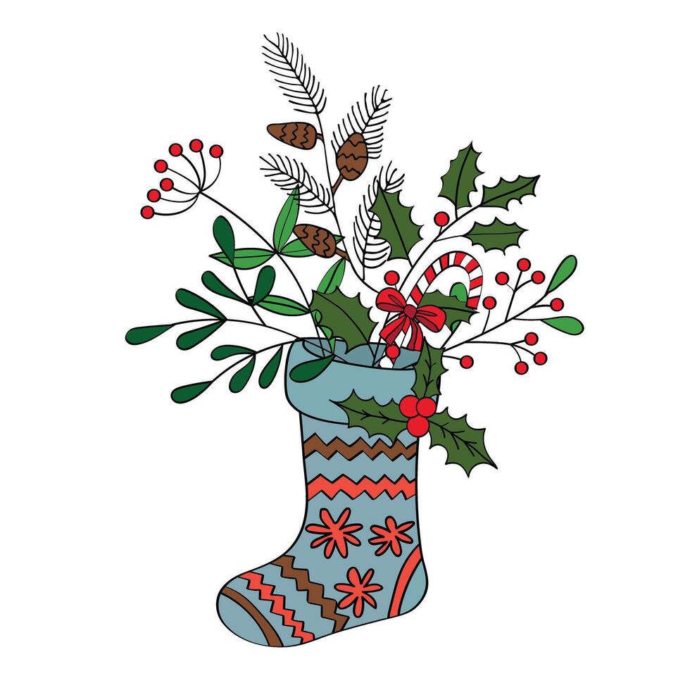 New Year illustration with Christmas stocking and decor. Can be used to create cards, invitations, backgrounds, patterns, covers. vector