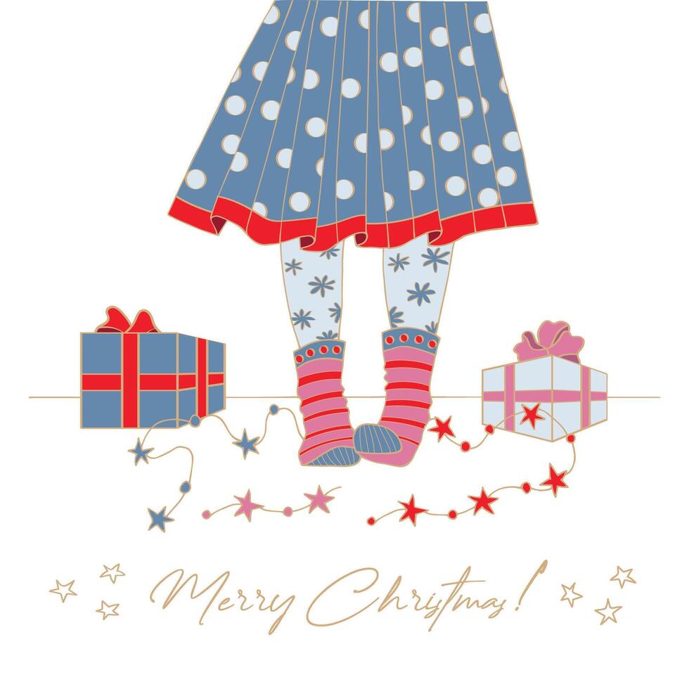 New Year's card for Christmas. Girl on the background of gifts and garland. Sketch style illustration on a white background. vector