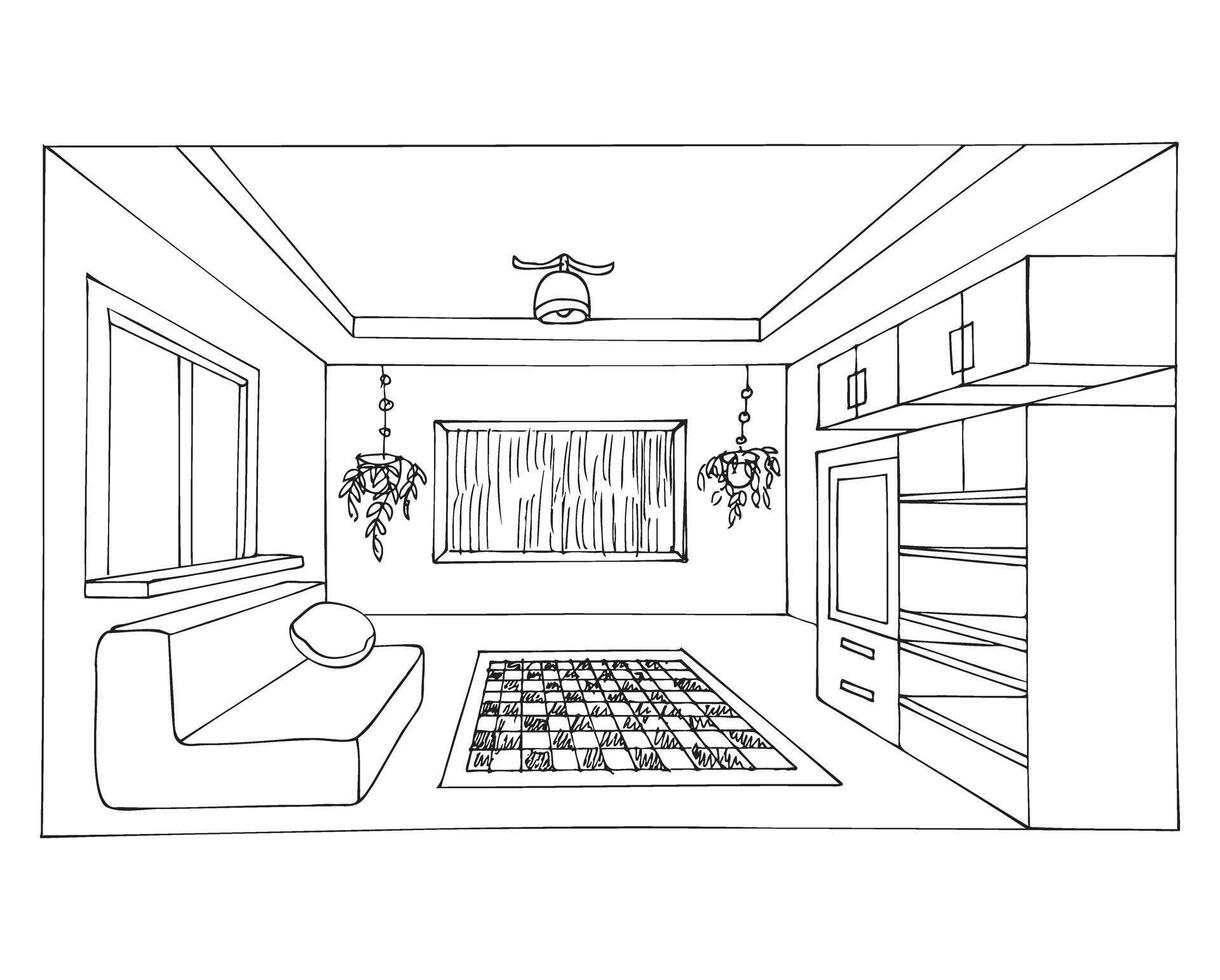 Illustration of an entrance hall, living room, hall in a hand-drawn style. Coloring page. vector