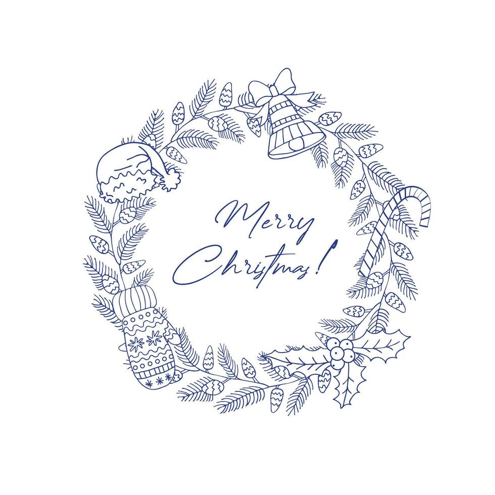 New Year wreath made of branches, cones and decor. Illustration for New Year and Christmas on a white background. vector