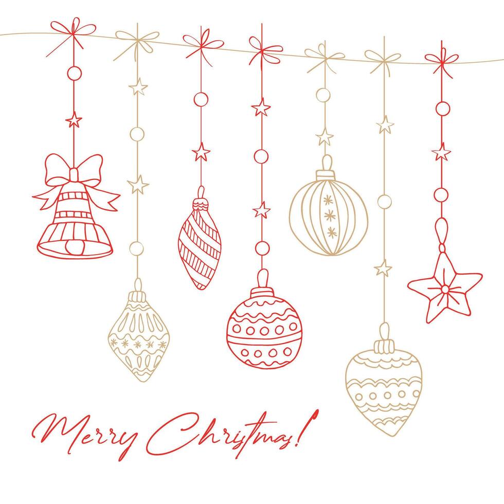 Winter illustration for New Year and Christmas from red and gold balls on the tree. Can be used to create cards, invitations, backgrounds, patterns, coloring pages. vector