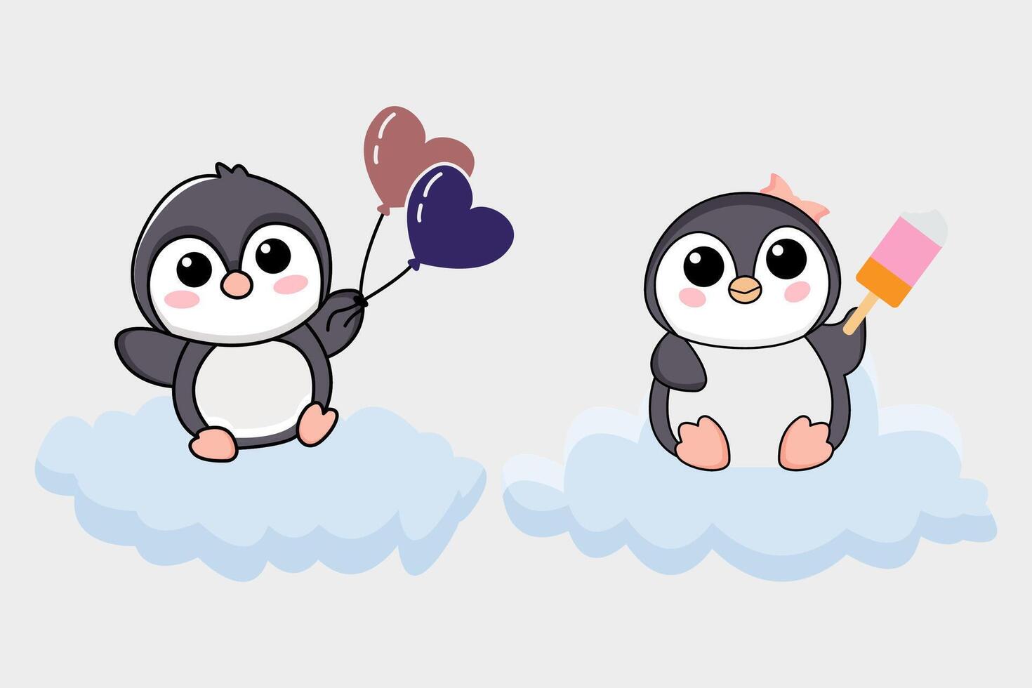 Cute Penguins with Balloons and Ice Cream on Clouds vector