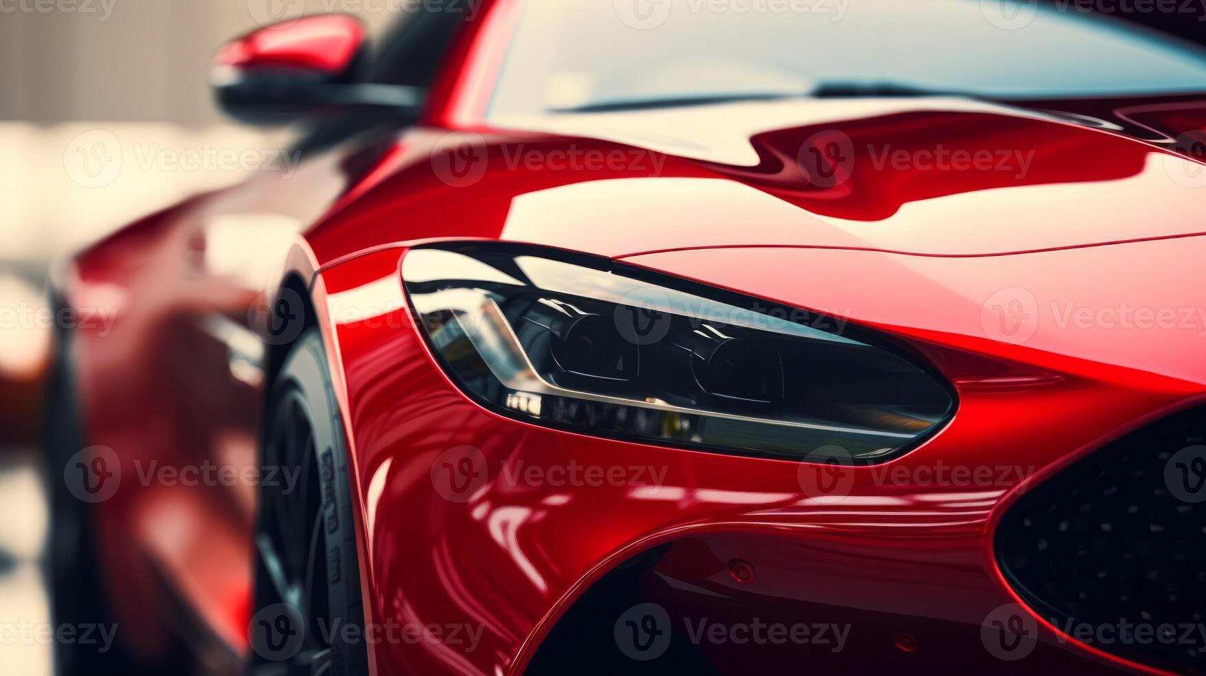 Close up headlight of modern luxury red car. Neural network photo