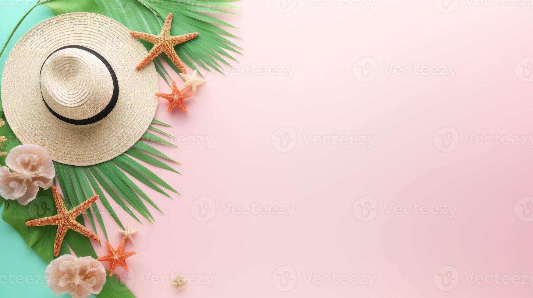 Summer vacation background. Top view of conceptual flat lay on light pastel background. Neural network photo