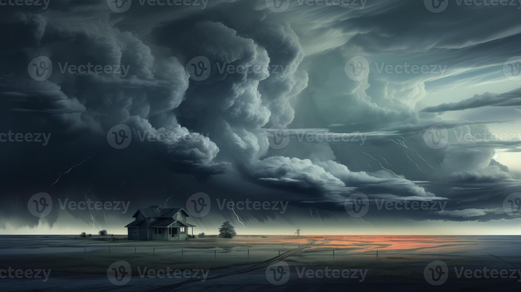 Twisted storm catastrophe cyclone cataclysm, vortex typhoon and single house. Neural network photo