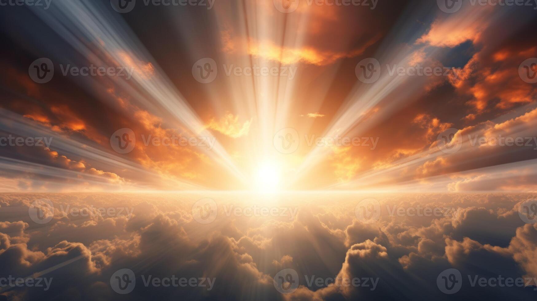 Sun beams or rays breaking through the dark clouds at sunset. Neural network photo
