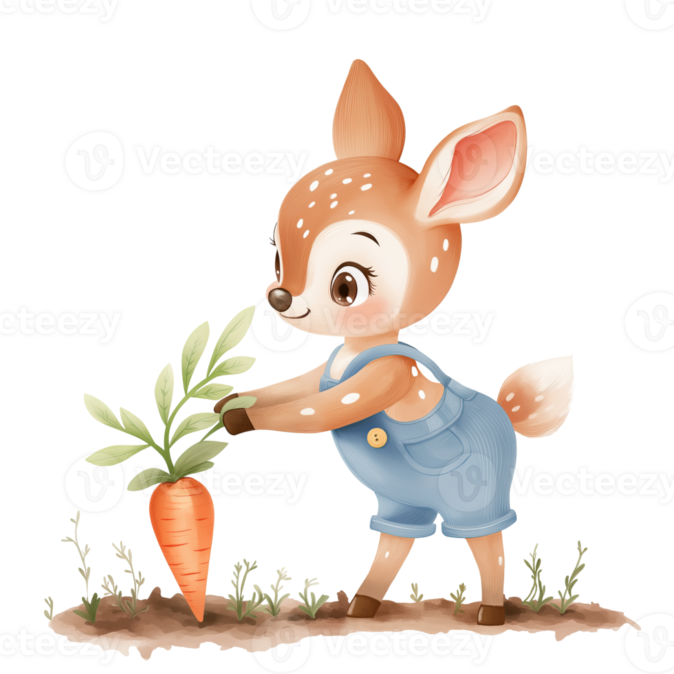 Watercolor Clipart Of Fawn Dressed As A Farmer Harvests Carrots png