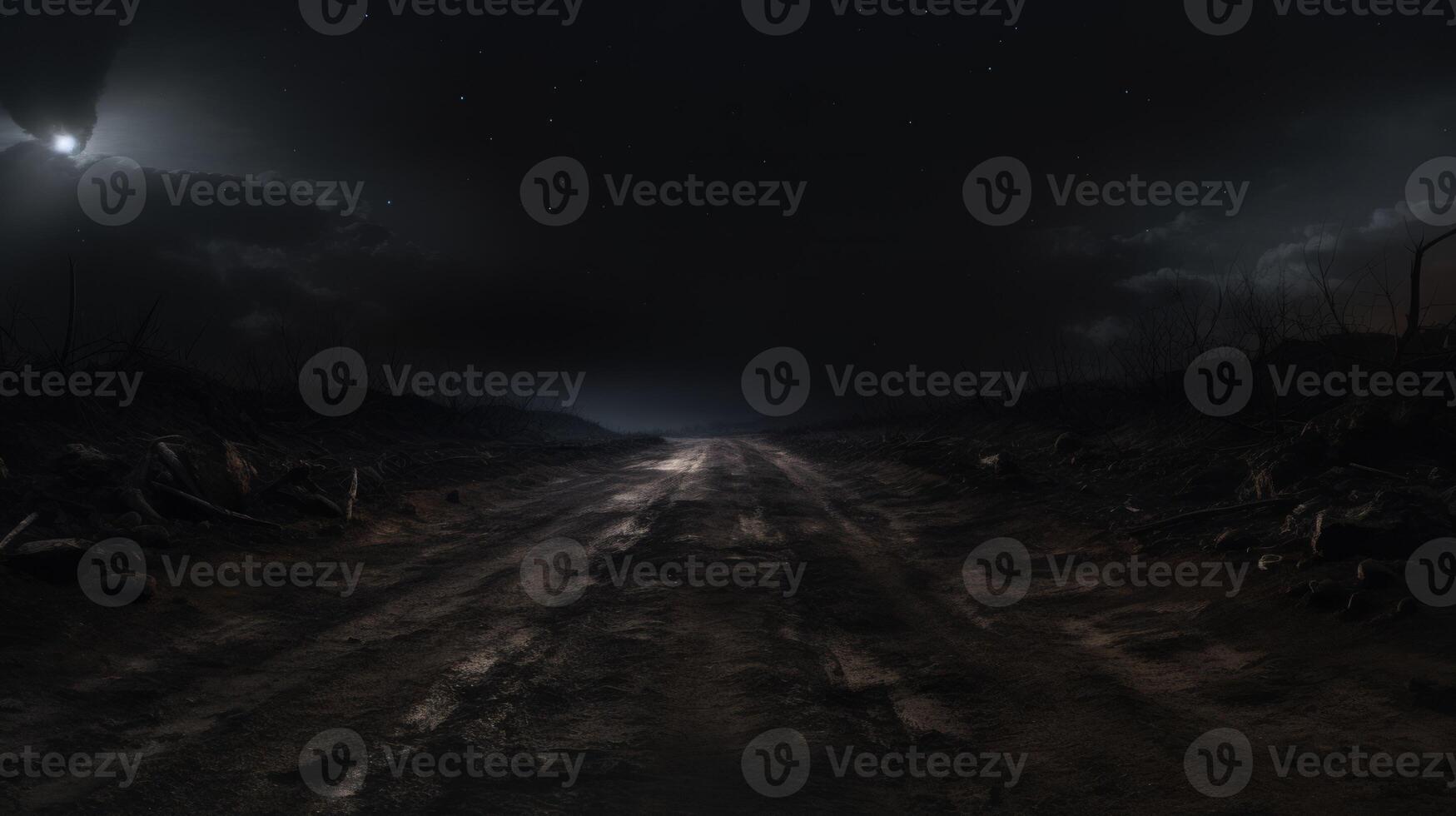 Night dirt road in the headlights against the dark gloomy sky. It is terrible and dangerous to go. Neural network photo
