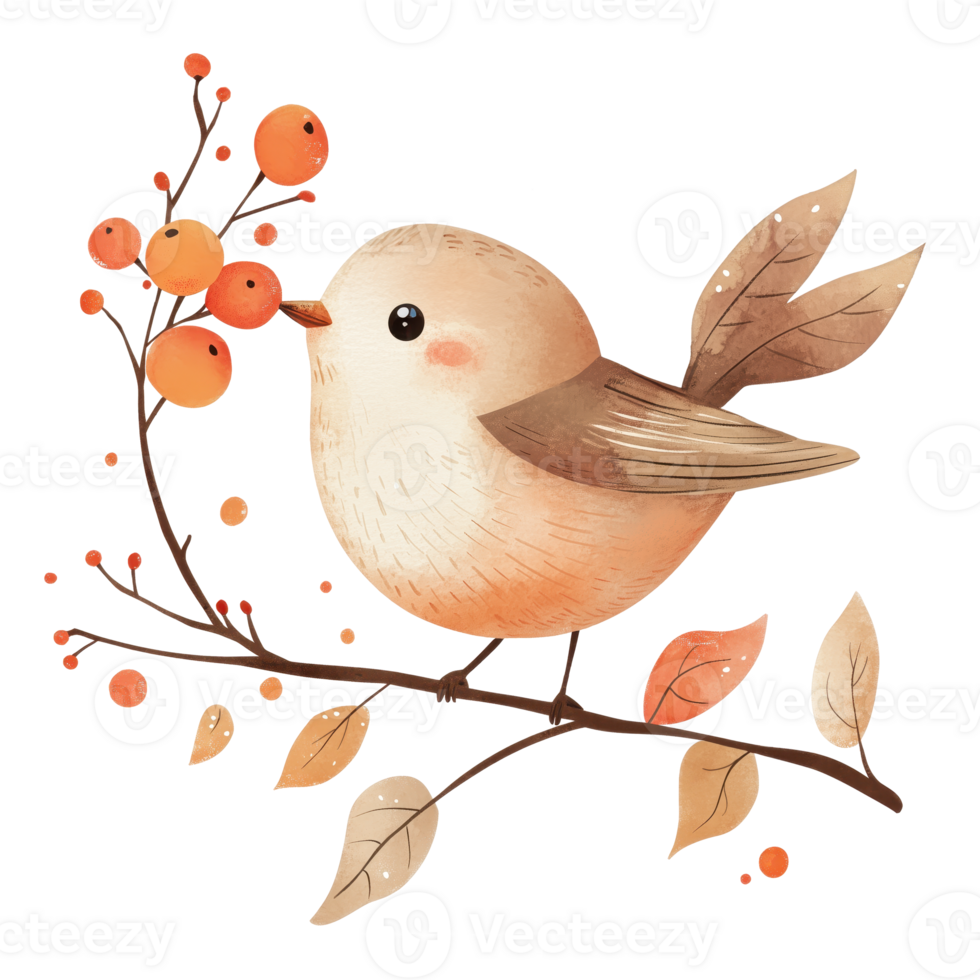 Watercolor Painting Of Bird On A branch With Leaves And Berries In Cute Autumn Rustic Design png