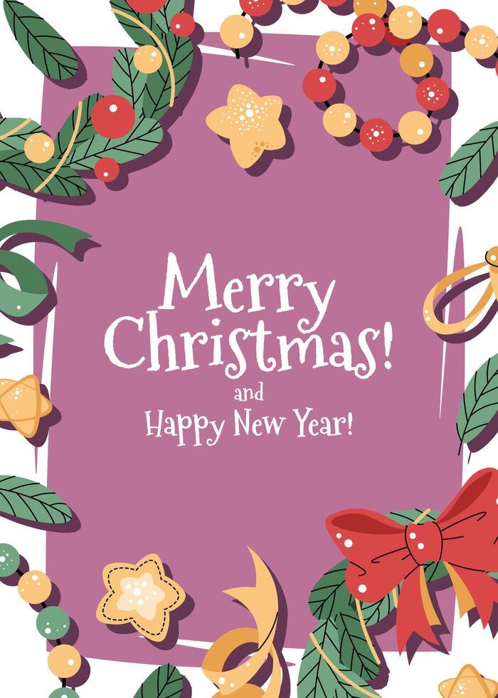 Christmas greeting card with a wreath, a garland, and confetti on a pink background in a flat cartoon style. illustration for poster, banner, invitation, etc. vector