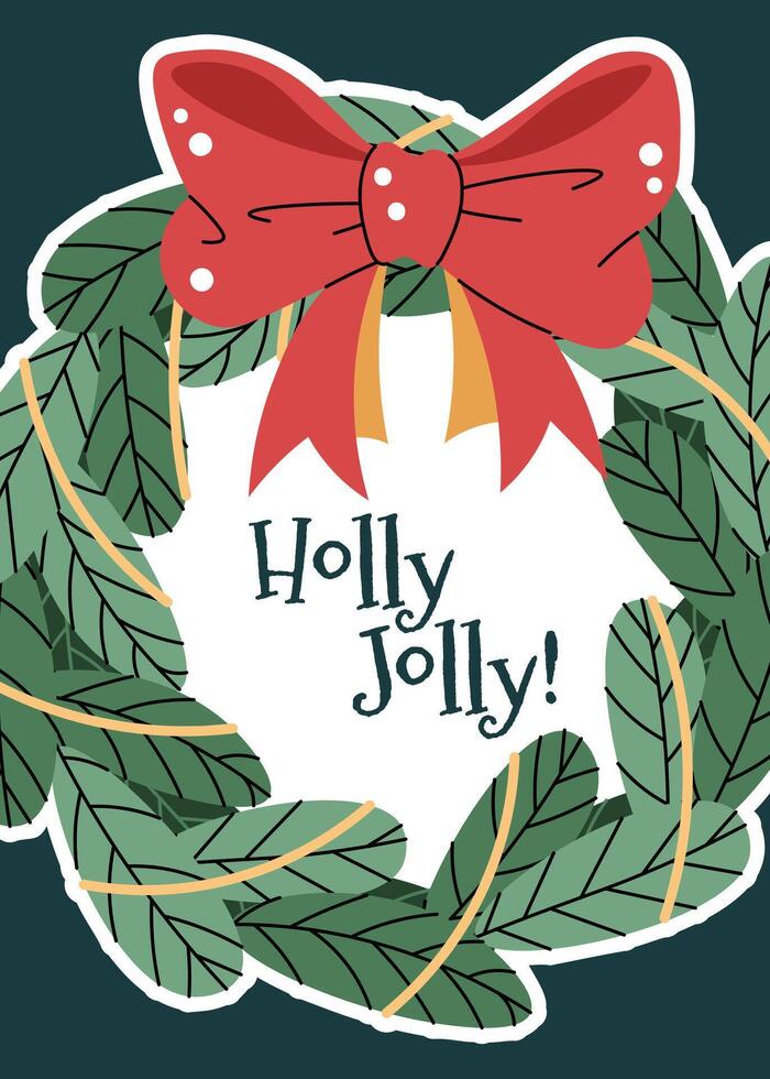 Greeting card with a Christmas wreath and a red bow in a flat cartoon style. illustration for poster, banner, invitation, etc. vector