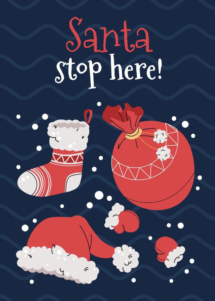 Christmas greeting card with Santa's hat, a stocking, mittens, and a gift sack in a flat cartoon style. illustration for poster, banner, invitation, etc vector