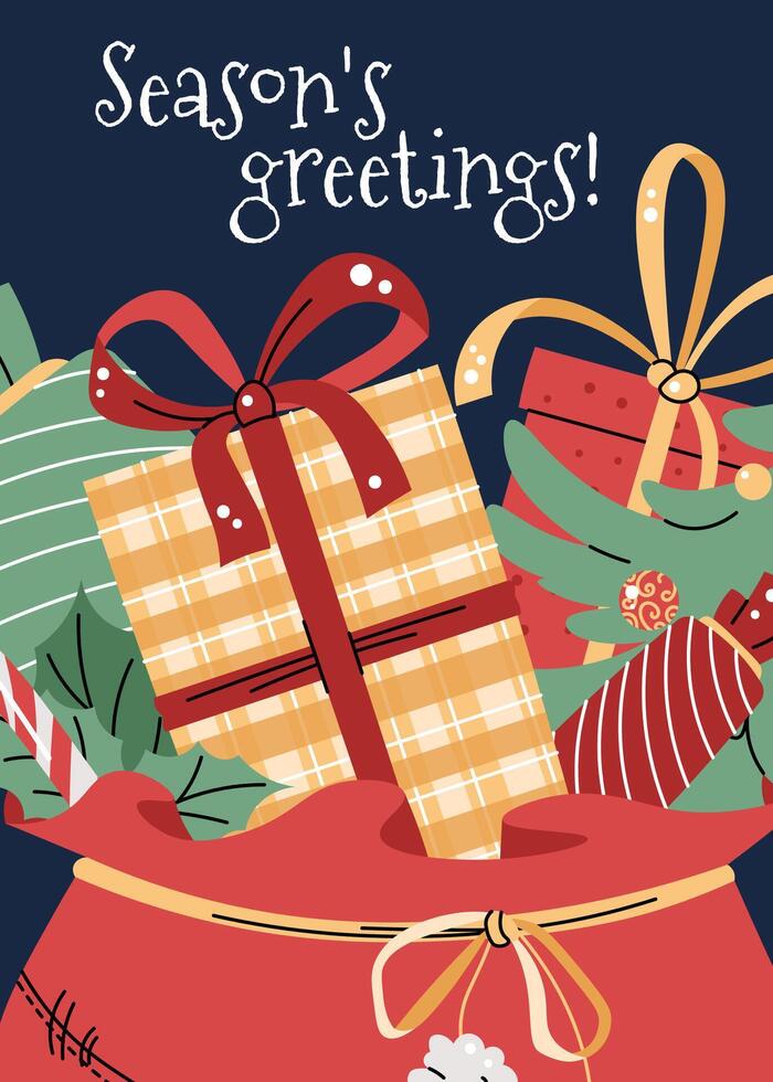 Greeting card with Santa Claus's sack filled with gifts for children in a flat cartoon style. illustration for poster, banner, invitation, etc vector
