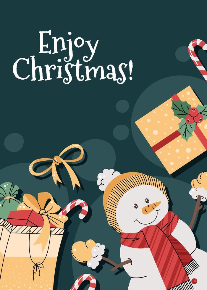 Christmas greeting card with a snowman and gifts on a green background in a flat cartoon style. illustration for poster, banner, invitation, etc. vector