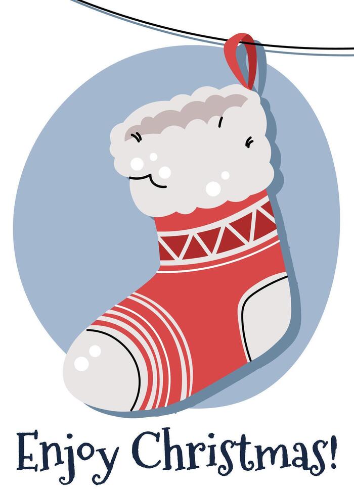 Christmas greeting card with a hanging Christmas stocking in a flat cartoon style. illustration for poster, banner, invitation, etc. vector