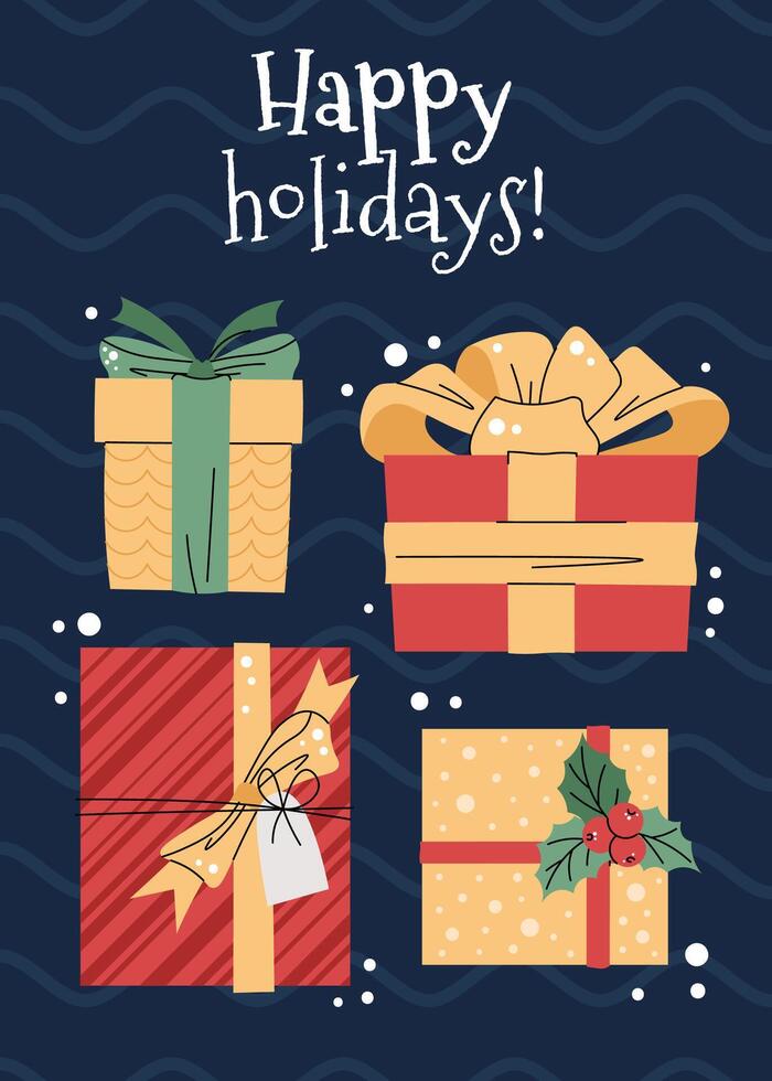 Christmas greeting card with gift boxes on a blue background in a flat cartoon style. illustration for poster, banner, invitation, etc. vector
