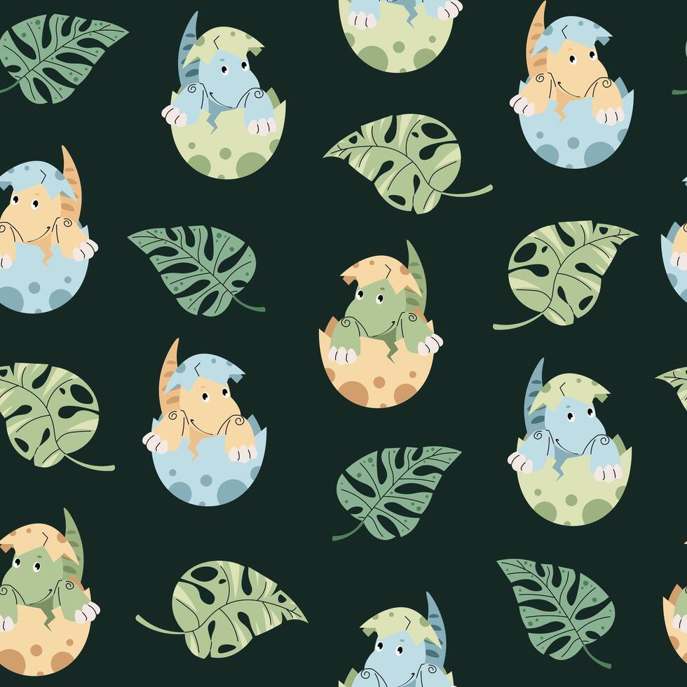 Seamless pattern with cute dinosaurs in an egg in flat style. Endless texture with hatched baby dinosaur and leaves. Childish background for fabric, wallpaper, wrapping paper, scrapbooking, etc. vector