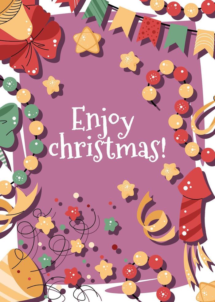 Christmas greeting card with fireworks, a party popper, a garland, and confetti on a pink background in a flat cartoon style. illustration for poster, banner, invitation, etc. vector
