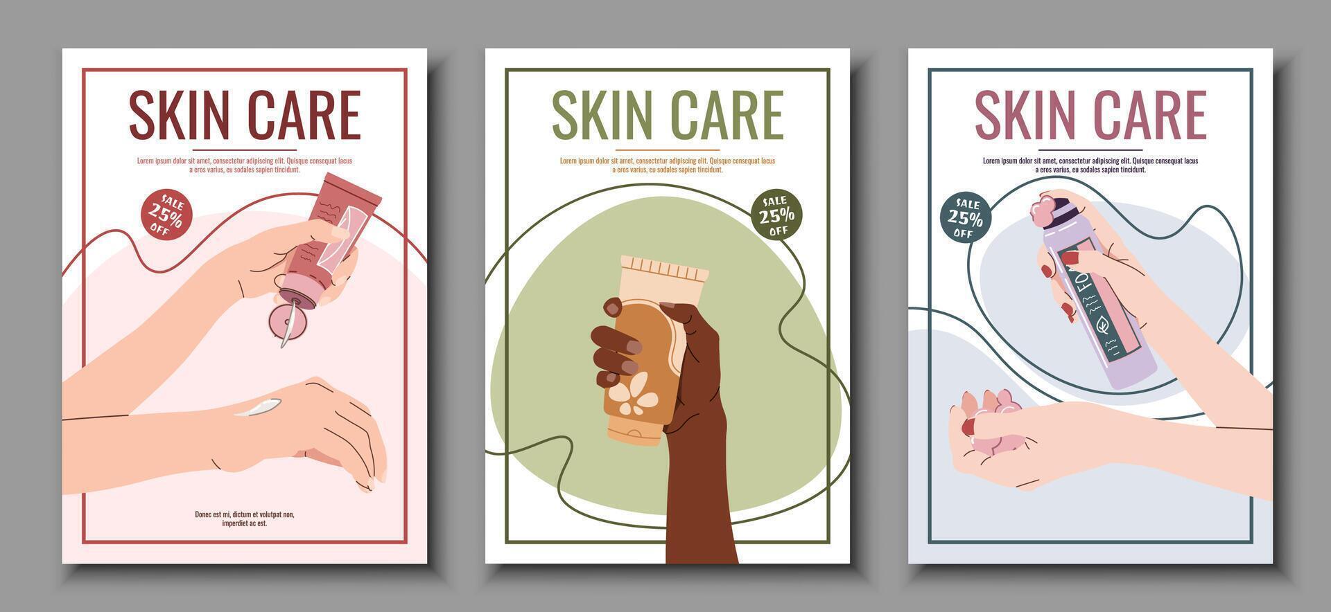Skin care flyer design set. Posters with hand holding cream. Facial skin care, skin moisturizing. Banner for beauty salon, spa, etc. vector