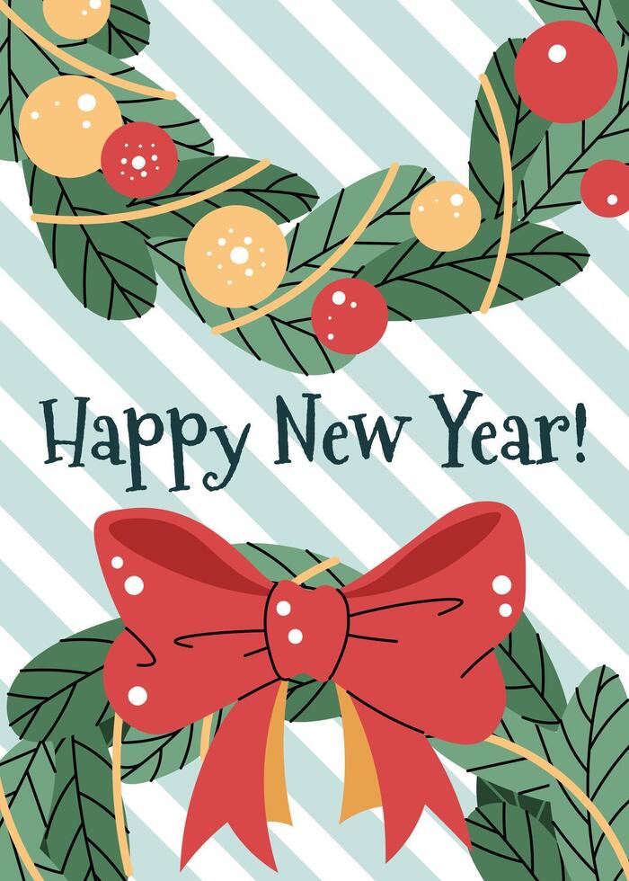 Greeting card with a Christmas wreath, a red bow, and baubles in a flat cartoon style. illustration for poster, banner, invitation, etc. vector