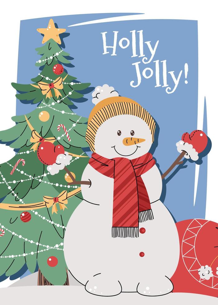 Christmas greeting card with a snowman, gifts, and a Christmas tree on a blue background in a flat cartoon style. illustration for poster, banner, invitation, etc vector