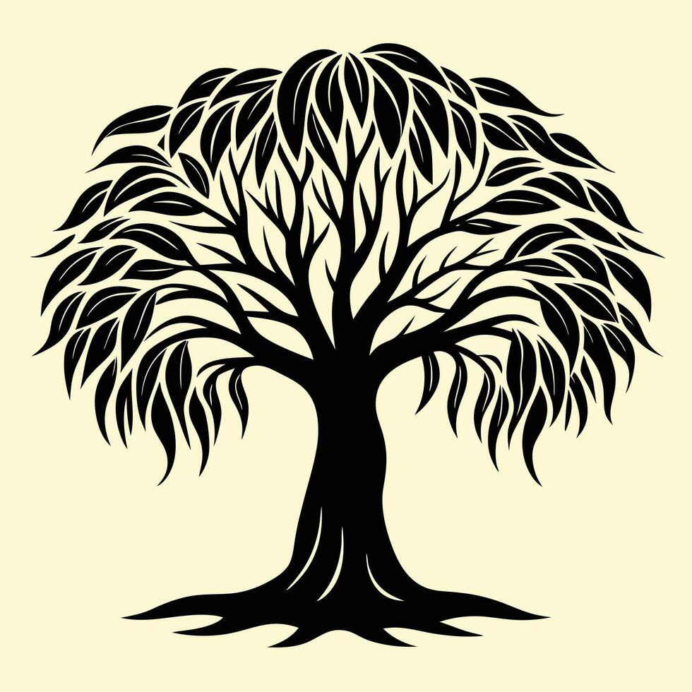 Willow tree silhouette graphic for creative projects, logos, and outdoor-themed visuals. Ideal for digital or print designs. An elegant natural touch to your creative projects. vector
