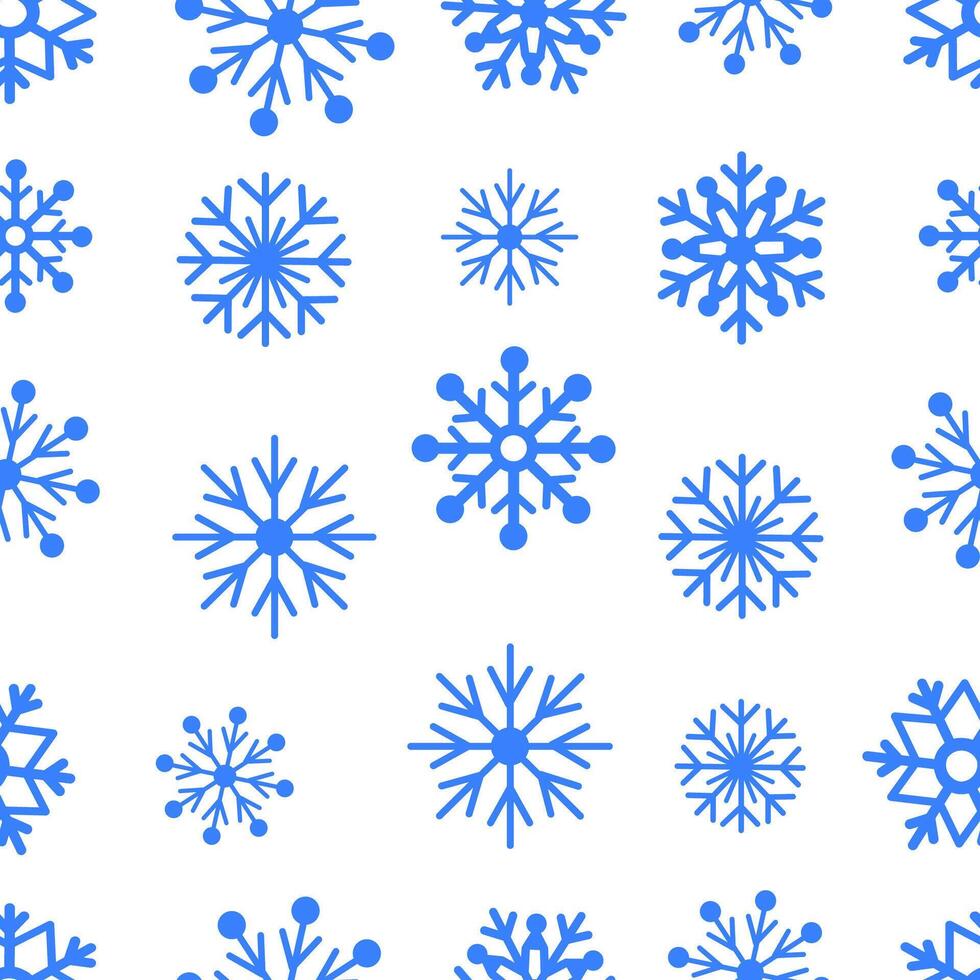 Blue snowflakes of various sizes set against a white background in a seamless pattern. The design has a festive and wintery concept. illustration vector