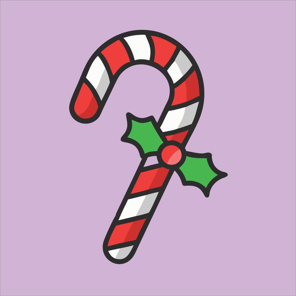 A candy cane with holly leaves on it vector