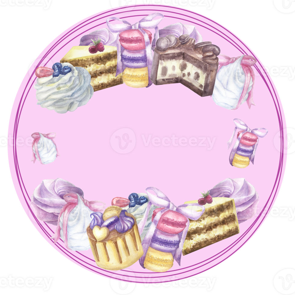 Hand drawn watercolor round frame with cupcake, cake, cookies, berries.Template for invitations, cards, birthday, wedding, greeting cards.Can be used as logo and stikers. png