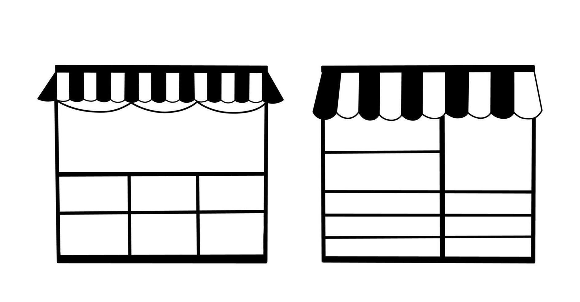 Fair market stalls empty space. Street shops vendor booths and farm market food counters. Hand drawn style isolated clipart collection. Market Stall Line Design vector