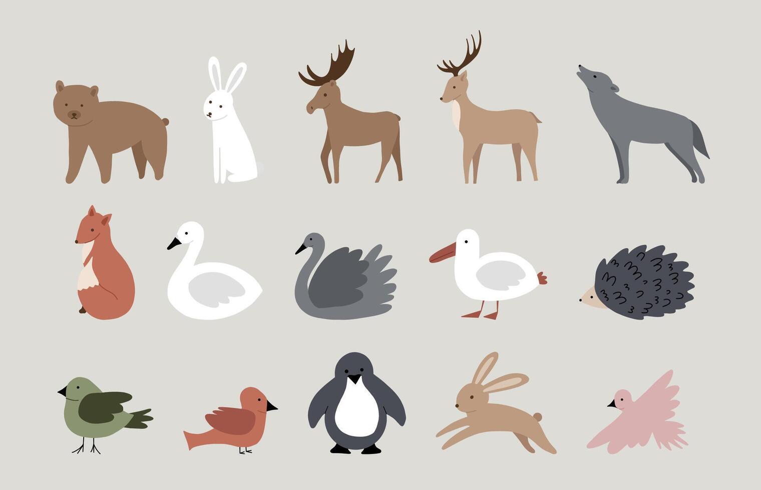 illustration forest animals. Cute animal elements isolated on white background. Bear, hare, elk, deer, wolf, hedgehog, cormorant, fox, bird vector