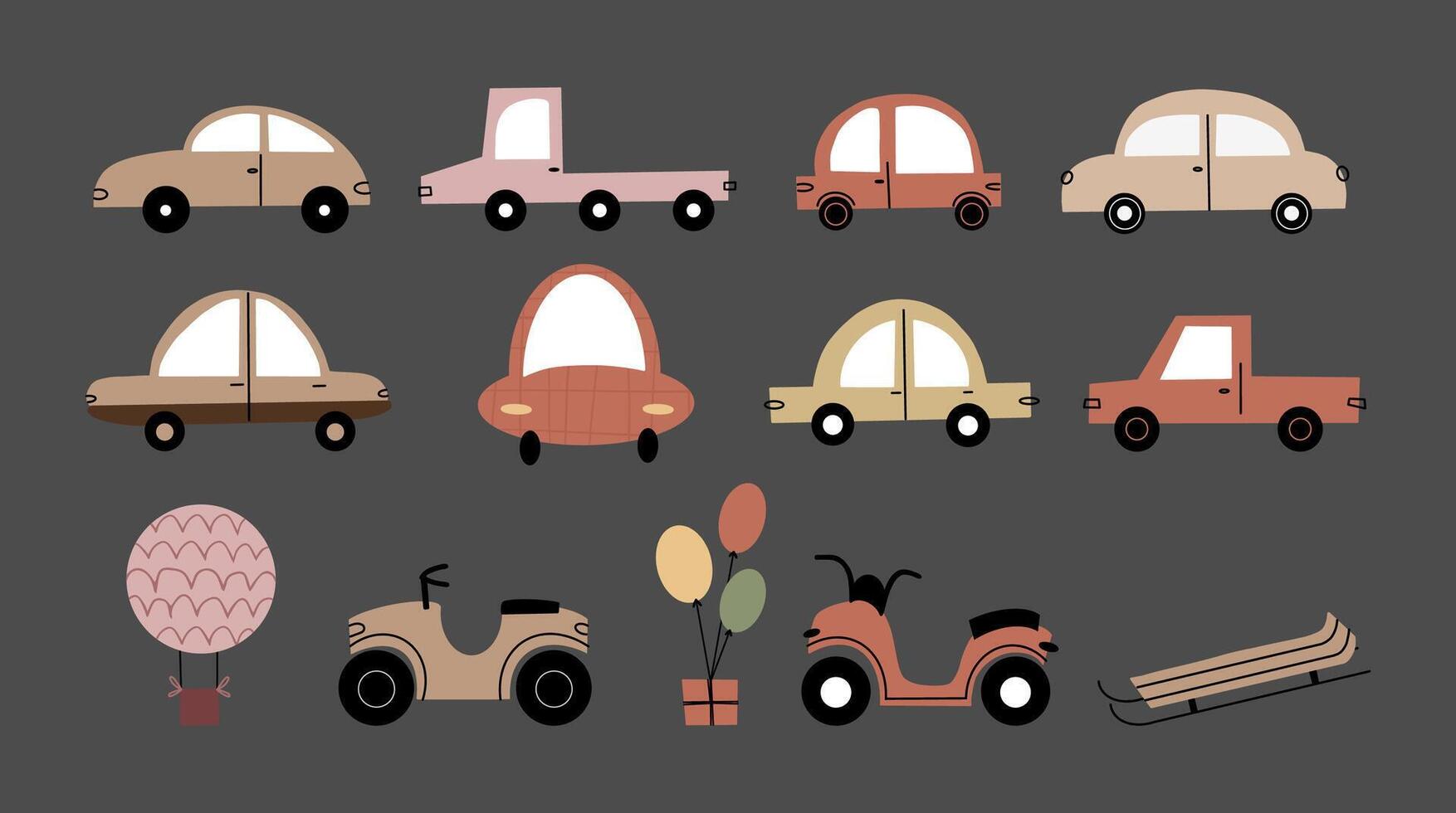 Cute illustration of funny cars and transport hand drawn. collection of children's whimsical cars in doodle style vector