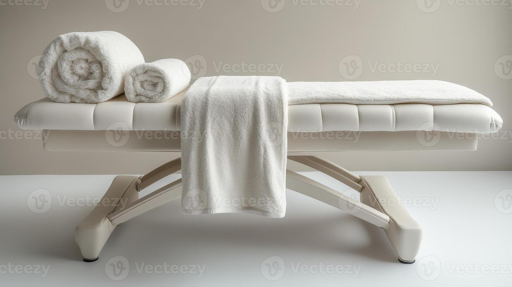 Empty white massage table with towels. Concept of wellness, spa, and relaxation photo