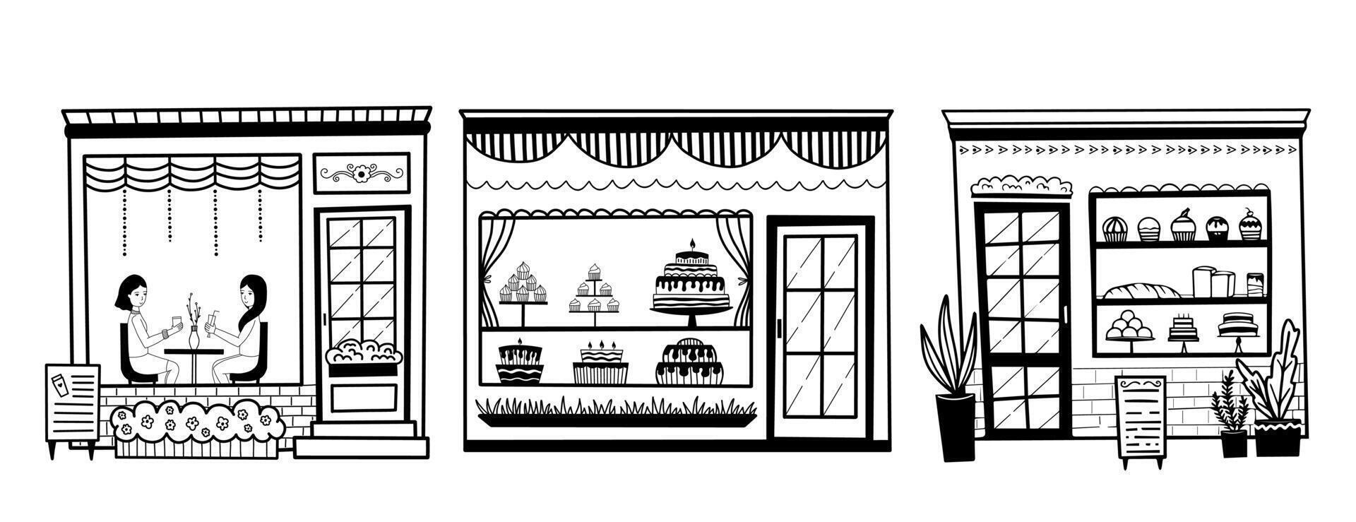 illustration of a bakery counter showcasing a variety of delicious cupcakes and cakes in doodle style. Cozy coffee shop two girls are drinking coffee. The ladies are sitting drinks. vector
