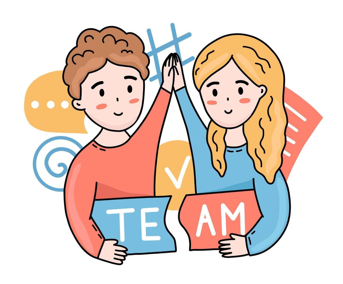sticker we are a team. Girl and guy give high five. Colleagues coped with the project. Hand drawn cute illustration of the team vector
