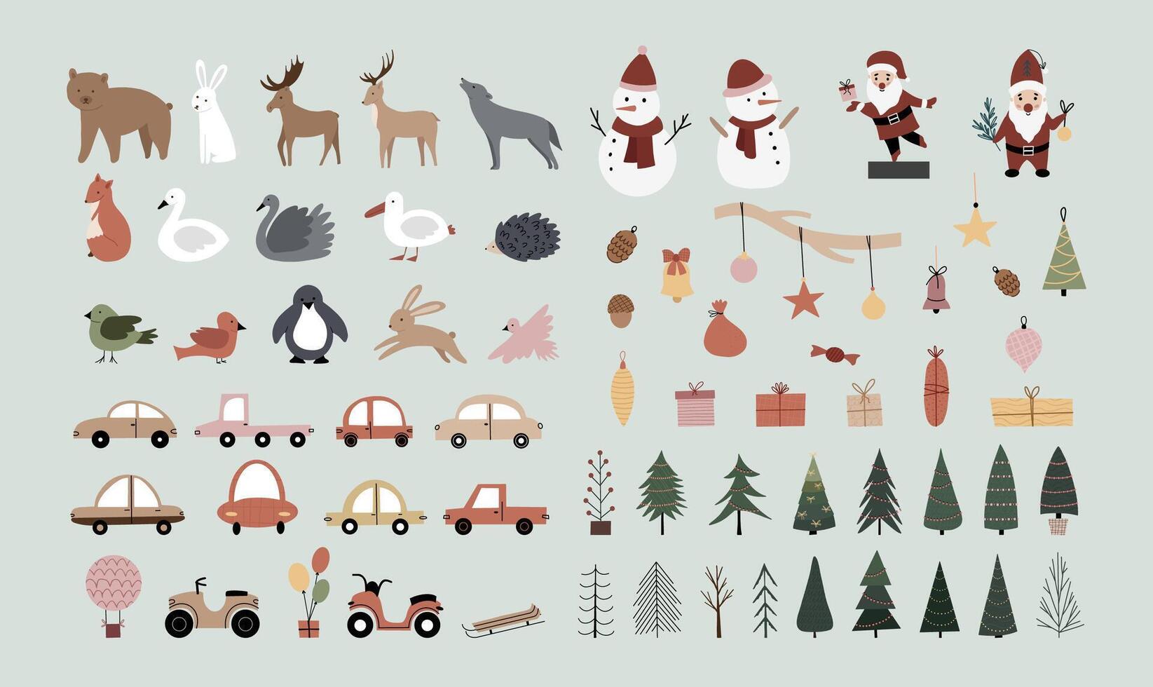 Merry Christmas set, New Year set, with cute elements for design. Christmas tree, Santa, deer, gingerbread, car, sled, bear, rabbit. For cards, banners, website, icons, fabrics vector