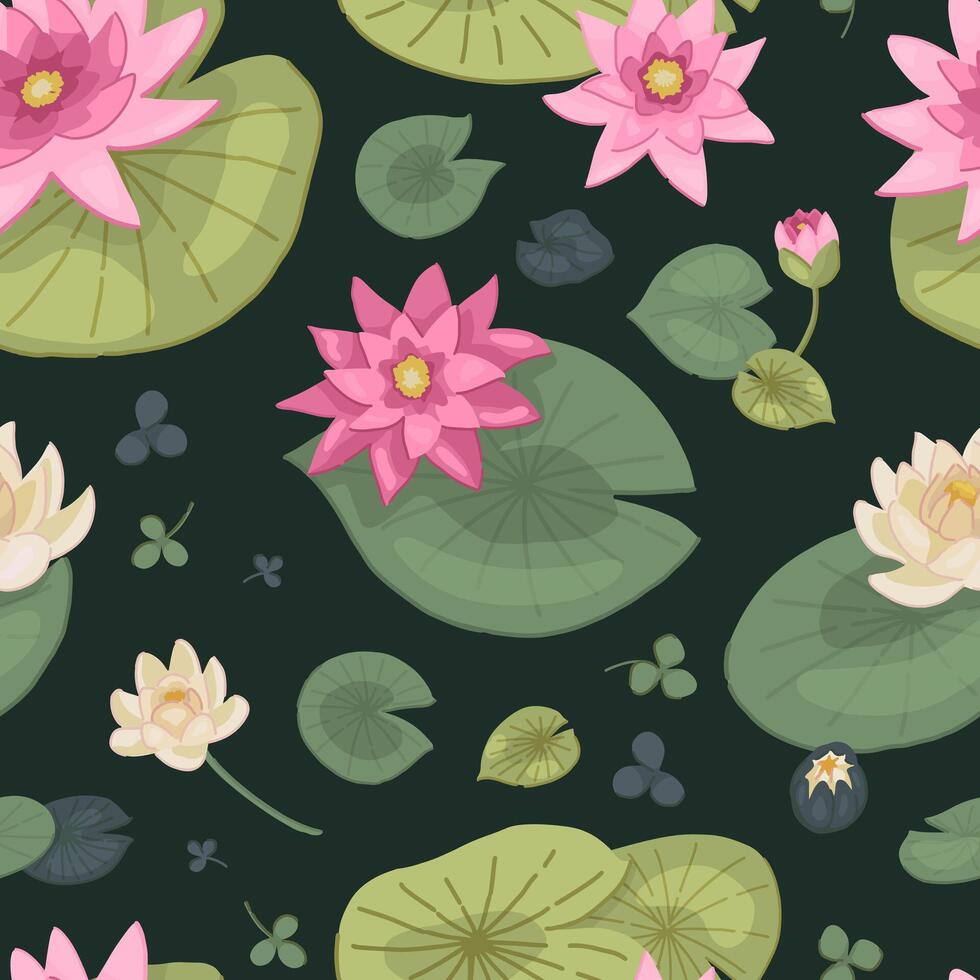 Abstract water lily seamless pattern. Floral ornament with lotus flowers. Botanical design. vector