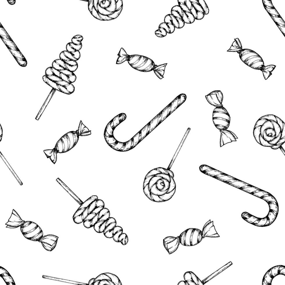 Seamless hand drawn ink pattern of lollipops and candy canes. Festive sweets background for Christmas designs, prints for confectioners, wrapping paper, bakeries packaging, textile vector