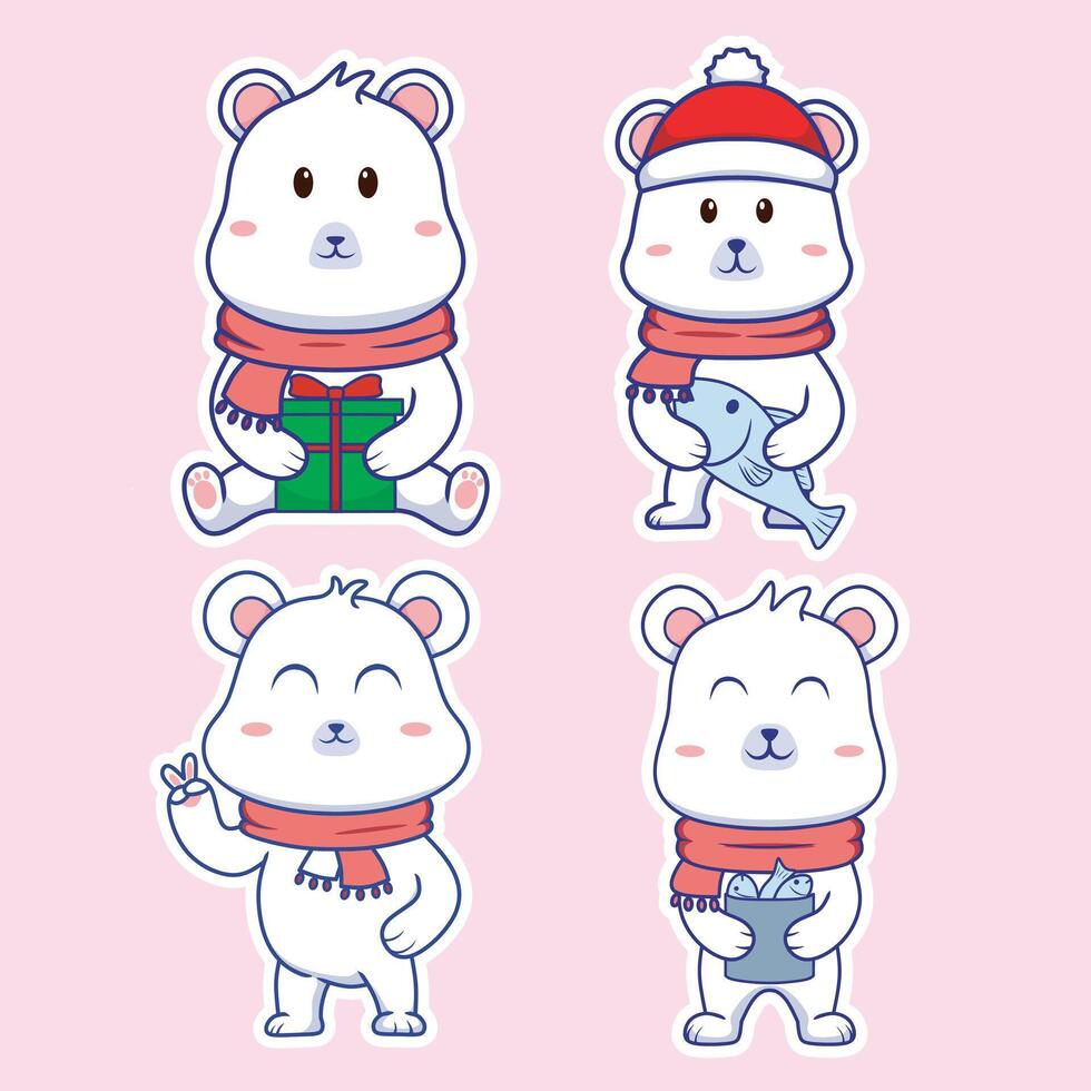 Polar bear stickers with some cute characters. premium illustration. vector