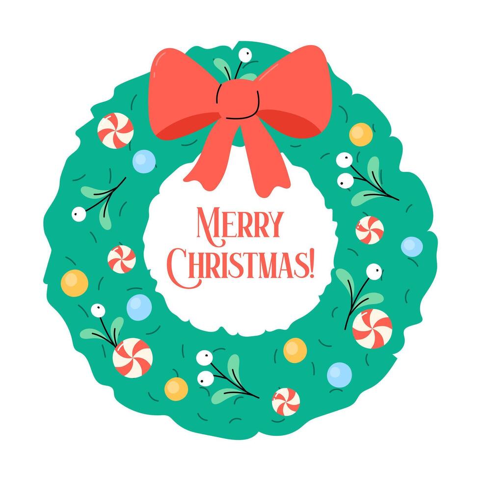 Christmas wreath and text Merry Christmas inside. Cute Xmas greeting card. Simple square illustration with celebration greetings. vector