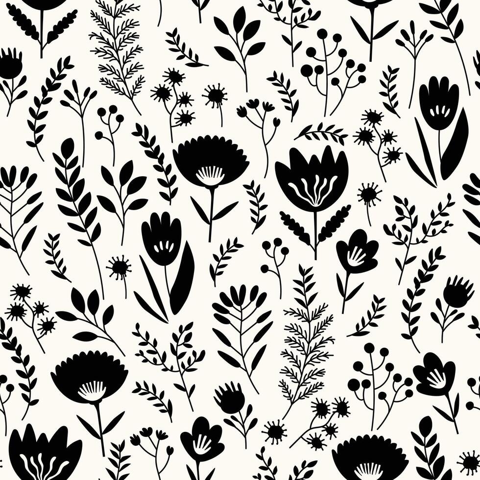 Seamless black and white pattern with delicate flowers, leaves and twigs on a white background. Flat illustration vector