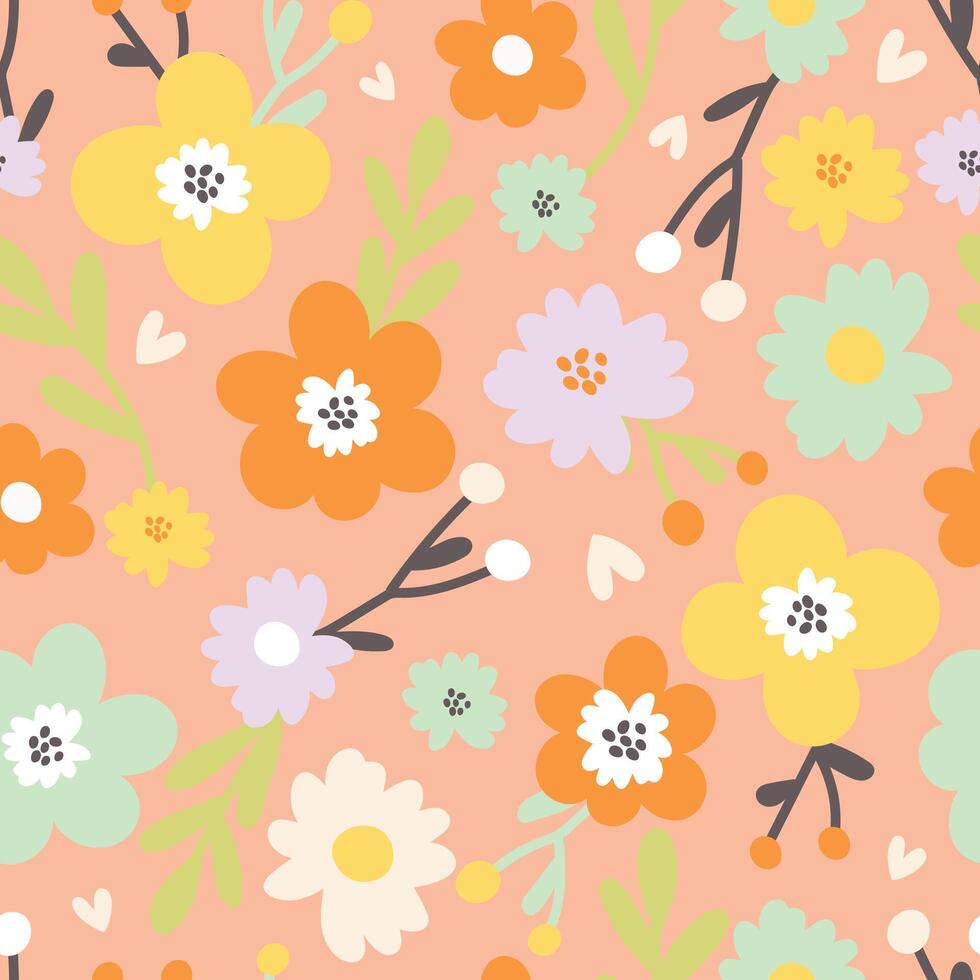 Seamless pattern with cute flowers, leaves and twigs, illustration naive style vector