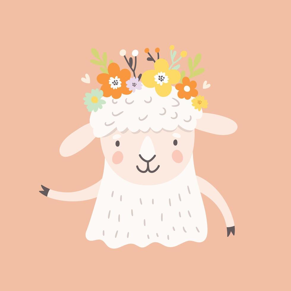 Cute cartoon sheep with flower wreath smiling on pastel background, perfect for spring designs and decorations. vector