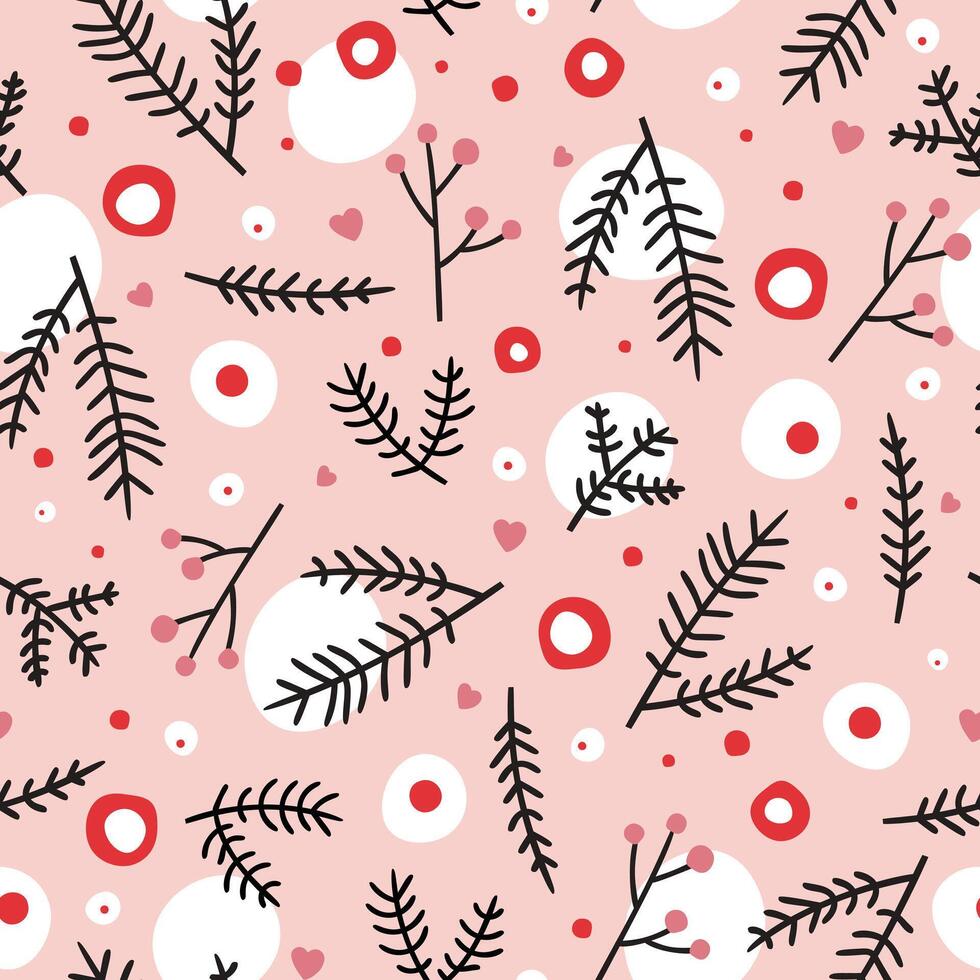 Seamless pattern with Christmas theme, elements and fir branches on soft pink background for creative design projects. vector