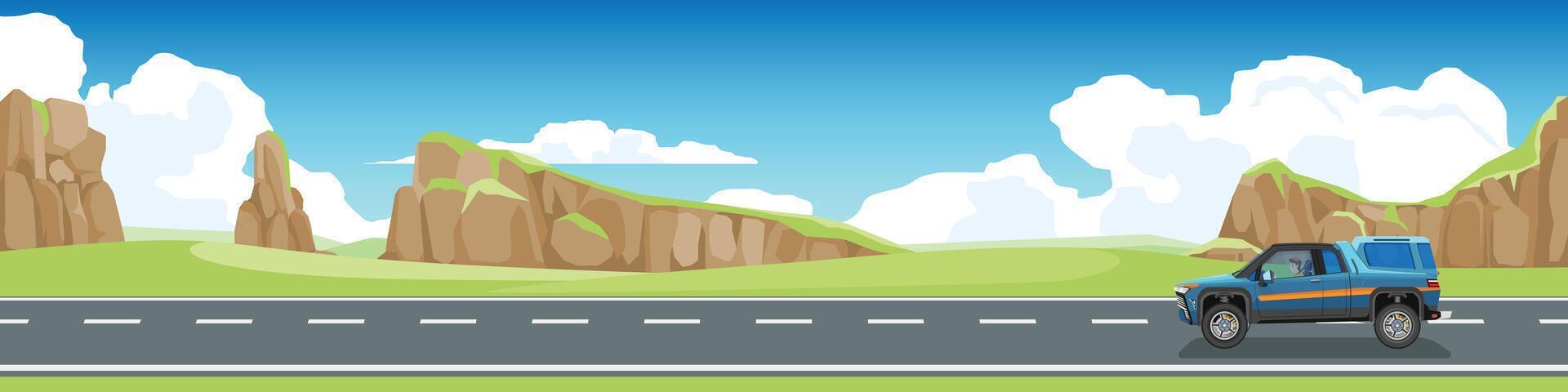 Landscape of pickup car drives along a paved asphalt road. Surrounded by lush green meadow and rolling hills. Scattered high mountains under the blue sky and white clouds. vector