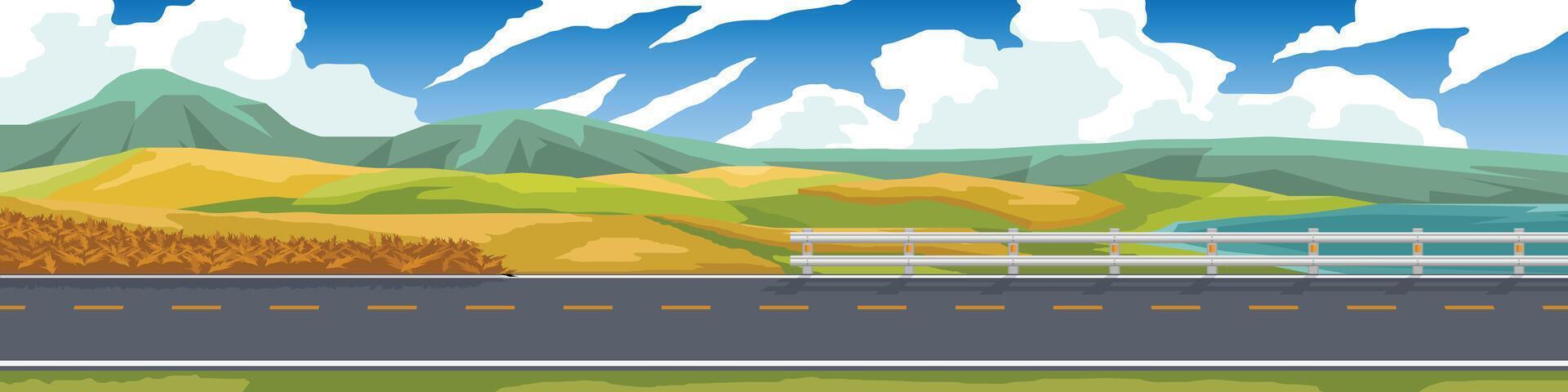 Landscape view of green hills for banner. Asphalt road near the meadow and hills. Coastal agricultural areas. There are golden rice fields alternating along the hillsides. Guard lens front of beach. vector