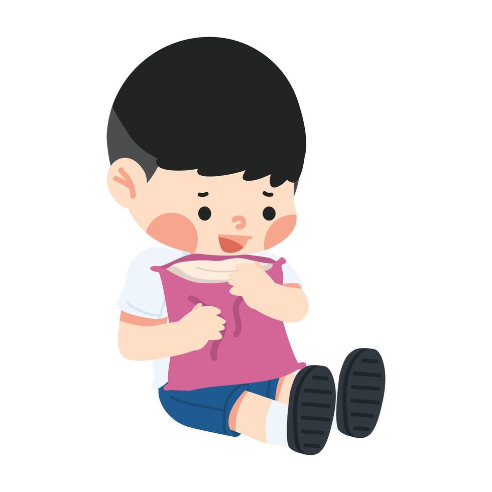 Kid sitting on the floor hug a pillow vector